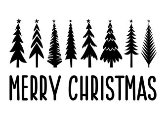 Obraz premium Merry Christmas tree with phrase. Vector illustration for cutting. Holiday handwritten quote. Text for greeting card, invitation, banner, poster, print t shirt. Isolated on white background.