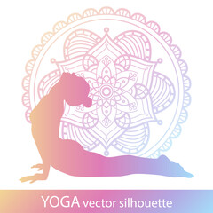 Yoga vector silhouette. Gradient young woman practice yoga and stretching. Flower mandala