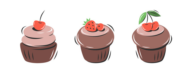 Collection cupcakes with berries. Muffin set. Vector illustration for logo, menu, recipe book, baking shop, cafe, restaurant.
