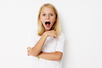 Positive little girl hand gesture fun fashion kids lifestyle concept