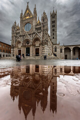 Siena Cathedral with reflection in a puddle in Siena, Tuscany, Italy, on a rainy day in spring. - obrazy, fototapety, plakaty