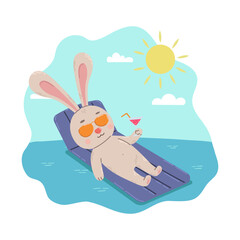 Obraz na płótnie Canvas Cartoon rabbit swims on a rubber mattress and drinks a cocktail in the sea. Flat vector seasonal illustration