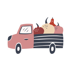 Hand drawn cute truck is transporting pumpkins. Hello autumn vector illustrations.