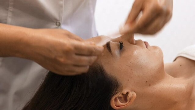 Woman receiving facial massage with gua sha tool in beauty salon. Beauty and skincare concept with a beautiful woman. Middle aged female using guasha. Massage for facial lifting
