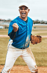 Man, baseball player or cheering success fitness game, training or workout on grass field or Mexico pitch. Smile, happy or excited sports athlete with winner fist, energy goals or softball motivation