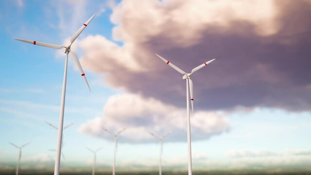 Natural energy Wind turbine 3D rendered in nature background. Concept Green energy, renewable energy and environment. Time laps during the day. Sunrise and sunset with passing clouds