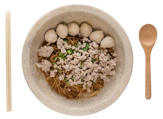Bowl of noodles with vegetables isolated