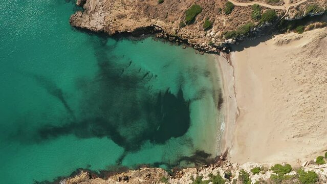 Top Down View Of Calamosche Beach In Vendicari Natural Reserve In Sicily, Italy - drone shot