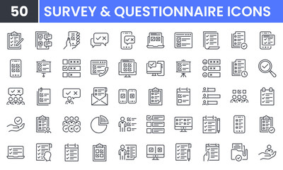Fototapeta na wymiar Survey and Questionnaire vector line icon set. Contains linear outline icons like Checklist, Rating, Document, Choice, Quiz, Test, Feedback, Review, Opinion, Report, Exam. Editable use.