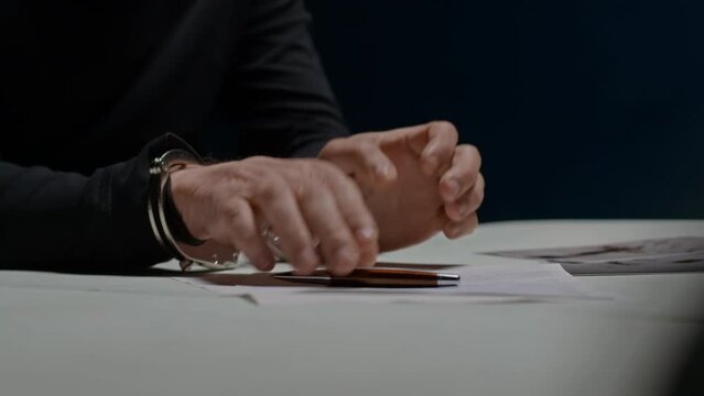 Suspected criminal in handcuffs signs papers with confession of his guilt. Interrogation. Police officer detective forced killer to confess to crime. FBI agent asks to sign documents. Law and justice