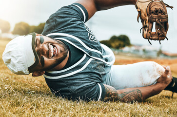 Baseball player, sports injury and knee pain with athlete man on grass pitch for leg osteoporosis...