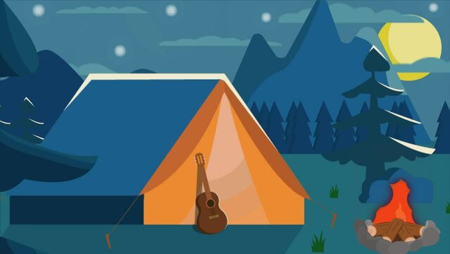 Atmospheric landscape with tourist tent and guitar and animated fire at night