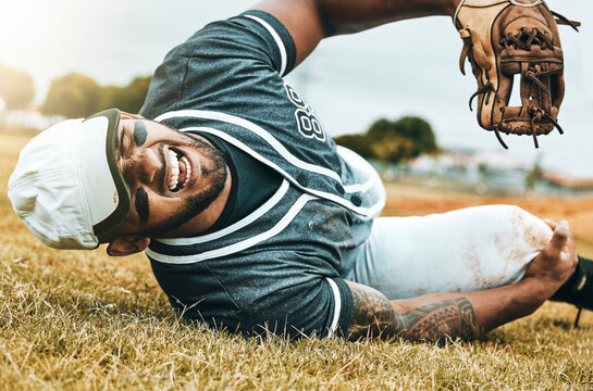 Baseball player, sports injury and knee pain with athlete man on grass pitch for leg osteoporosis and fibromyalgia. Health, injured and male with orthopedic or arthritis problem at sport match