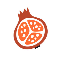 Pomegranate half, cross-section. Cut piece of granate fruit with seeds and wedge. Exotic tropical vitamin food. Flat vector illustration isolated on white background