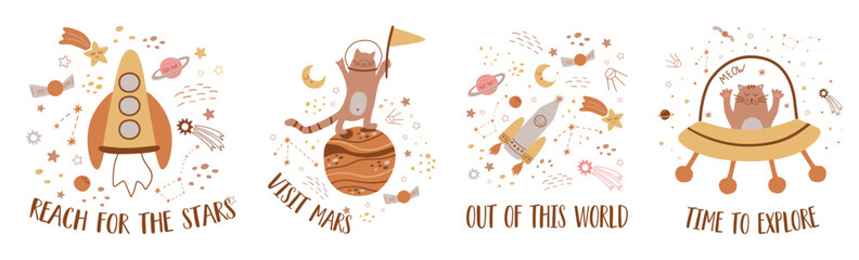 Cat astronaut Kids Space posters set. Funny space quotes collection. Baby space rocket card. Cute childish cosmic element, star, spaceship. Vector kids cosmos illustration. Childish space design © Tani Kuzminka