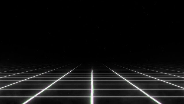 Infinity perspective laser grid with glitch effect. Retrowave, synthwave glitch looped animation of perspective laser grid in outer space. 80s aesthetics. 80s retro futurism. Seamless loop.