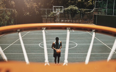 Above, net and basketball man with aim in training, practice or exercise for healthy sports on...