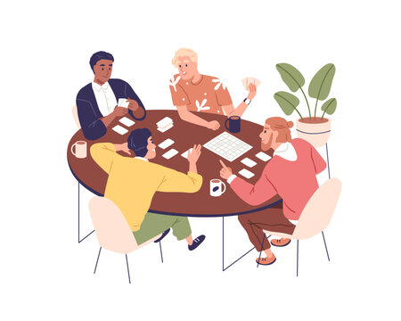 Men friends playing board game, sitting at table. Guys players during boardgame at home. Male characters buddies resting together on weekend. Flat vector illustration isolated on white background