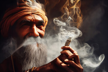 AI generated or 3D illustrated image of a Naga Sadhu from India, smoking a chillum. Not based on a real human or photo 