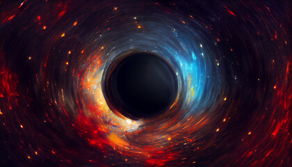 Artistic interpretation of a black hole in space. Digital art, loose painting style. Colors in red and blue.