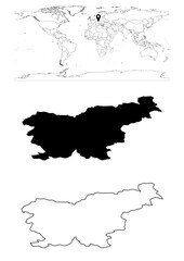 Vector Slovenia map, map of Slovenia showing country location on world with solid and outline maps for Slovenia on white background. File is suitable for digital editing and prints of all sizes.