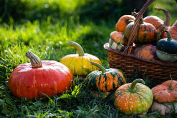 autumn decorative pumpkins. Thanksgiving or Halloween holiday  harvest concept.