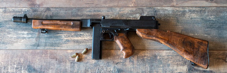 Vintage submachine gun. Weapons of the army and mafia.