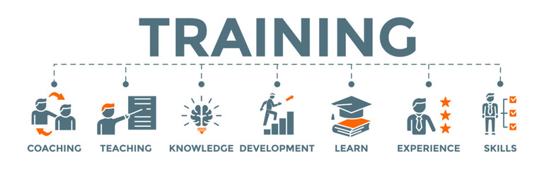Training concept banner. Editable vector illustration for business education with icon of coaching, teaching, knowledge, development, learning, experience, and skills.