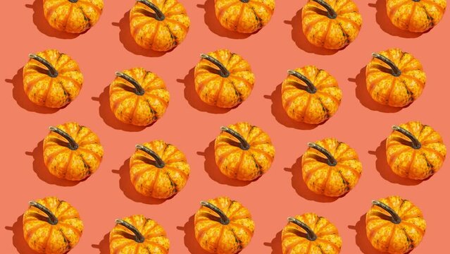 A hard light pattern of a small yellow decorative pumpkin appearing one by one on a bright orange seamless background