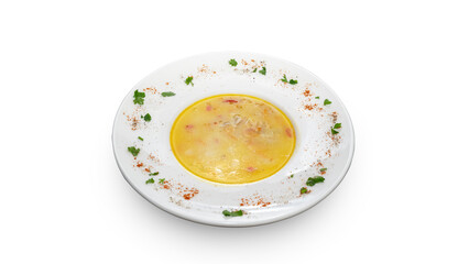 chicken soup on isolated white background, close up