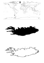 Vector Iceland map, map of Iceland showing country location on world with solid and outline maps for Iceland on white background. File is suitable for digital editing and prints of all sizes.