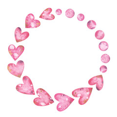 Cute watercolor wreath with pink hearts. Delicate frame with festive elements