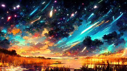 Fototapeta premium Galaxy Nebula Cloud, Beautiful Atmosphere in Evening. Lake with reflection. Fantasy Japanese Anime Abstract Style Landscape Background Illustration.