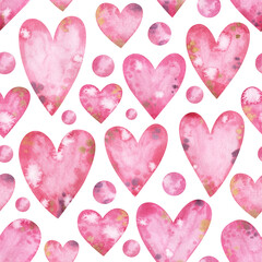 Watercolor seamless pattern with pink hearts and bubbles. Vintage repeatable background