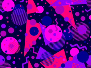 Naklejka premium Geometric seamless pattern in 80s memphis style. Colorful multicolored abstract geometric pattern. Design of promotional products, wrapping paper and printing. Vector illustration
