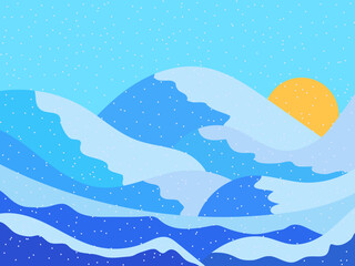 Winter landscape with snowy hills and sun. Mountain landscape in flat style, winter cold weather. View of the snowy hills. Design for poster, banner and promotional item. Vector illustration