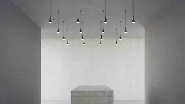 Abstract interior design 3D rendering of modern showroom. Light bulb and gray podium with concrete wall background.