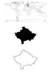 Naklejka premium Vector Kosovo map, map of Kosovo showing country location on world with solid and outline maps for Kosovo on white background. File is suitable for digital editing and prints of all sizes.