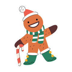 Cute smiling gingerbread man wearing traditional Santa hat, scarf and boots