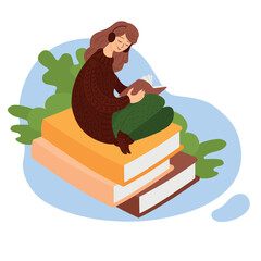 Girl reading on books stack. Listening audiobook.