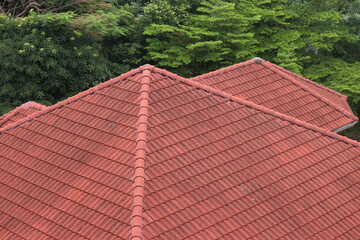 top view of old red roof on green background