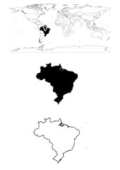 Vector Brazil map, map of Brazil showing country location on world with solid and outline maps for Brazil on white background. File is suitable for digital editing and prints of all sizes.