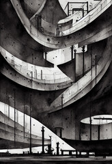 Industry City Abstract Art Illustration. Water Painting Style. Foggy Sad Monochrome Landscape Background.