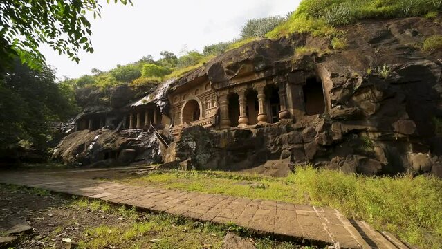 Panoramic View Of Pandavleni Cave No.17, Yavana Vihara In India. - panning left
