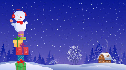 Funny snowman with gift tower, cute Christmas card, night landscape background