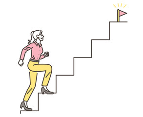 Vector illustration of a young female businessperson walking up stairs with a smile on her face [image of life and goals].
