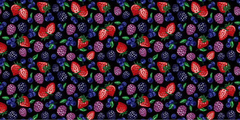 Berries seamless pattern on black background. horizontal.