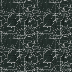 Monochrome math seamless pattern with hand-drawn geometrical figures. Vector background on the theme of school education. Wallpaper, wrapping paper or fabric design. Chalk drawing on a blackboard