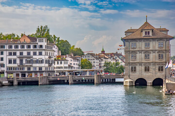 Zurich cityscape and Limmat river in Zurich city center