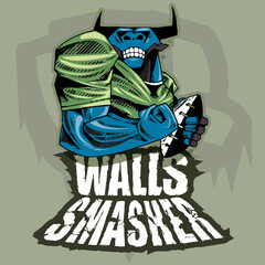 Ox mascot of a rugby team, flexing his biceps muscle and holding a football. In the background a silhouette of a fist and a text saying "Walls Smasher". Animal sport illustration concept.